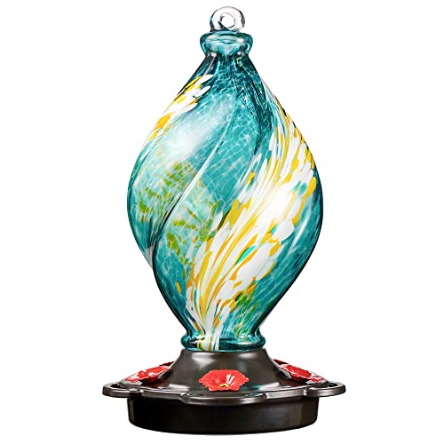 LUJII Ice Cream Shaped Spiral Hummingbird Feeder for Outdoors Hanging, Hand Blown Glass, 28 fl.oz, Leak Proof & Rustproof, Includes an Ant Moat with Hook, Unique & Stylish Glass Art & Decor (Teal) - color: Teal, size: Small