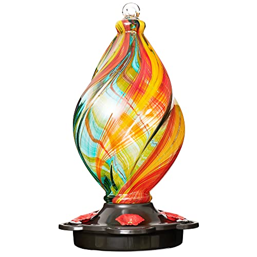 LUJII Ice Cream Shaped Spiral Hummingbird Feeder for Outdoors Hanging, Hand Blown Glass, 28 fl.oz, Leak Proof & Rustproof, Includes an Ant Moat, Unique Garden, Outside & Backyard Decor (Ribbon) - color: Ribbon, size: Small