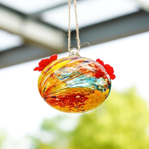 Exquisite Hand Blown Glass Hummingbird Feeders with 2 Feeding Ports for Outdoor, Leak Proof Design, Small Glass Hummingbird Feeders for Window Displays, Garden Beautification and Patio Decor - color: yellow