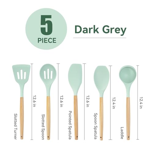 Kitchen Utensils Set, 5 Pcs Non-Stick Silicone Kitchen Cooking Utensils with Wooden Handle, Kitchen Spatula Cookware Utensils Set, Heat Resistant Silicone Kitchen Gadgets (Light Green) - color: 5 PCS Set Light Green