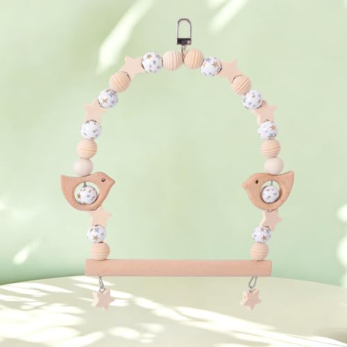 Birds Swing Parrot Hanging Toy Wooden Perch Bird Chew Toys for Love Birds,ParakeetCockatiel, Mynah, Budgerigar (Wooden Star Beads, Medium) - color: Wooden Star Beads