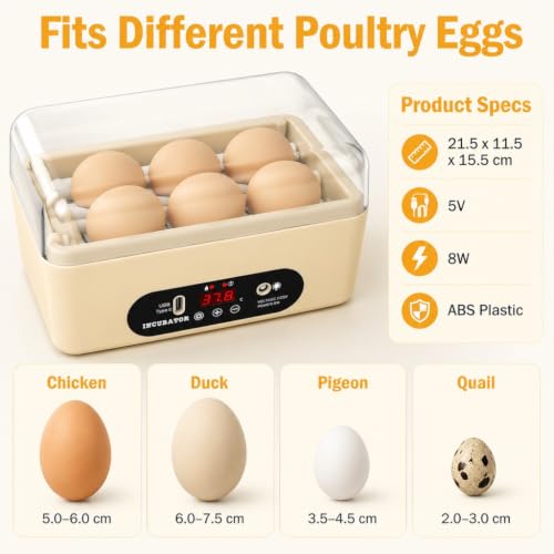 GROZY 6 Eggs Egg Incubator, USB Powered Automatic Hatching Machine with Digital Temperature Control & LED Display, Mini Poultry Hatcher for Chicken, Duck, Quail, Pigeon Eggs