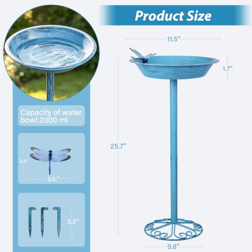 WANGIRO 12" Freestanding Metal Bird Bath & Feeder Magnetic Dragonfly Blue | Rust-Proof Metal, Sturdy Base with 3 Ground Stakes, 2-in-1 Bath & Feeder, Easy Clean, Gift for Garden Patio Lawn Backyard