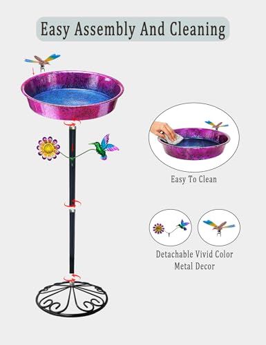 Pedestal Bird Bath for Outdoors - Metallic Purple & Blue 11.5” Metal Birdbath Bowl & Feeder Freestanding Garden Decor Yard Art (26” Tall, 0.7 Gallon)