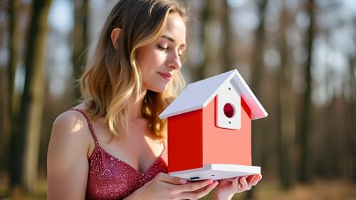 Water Proof Window View Bird House for Outside with 2 Powerful Hooks,Vinyl Birdhouse for Viewing Inside, Multifunctional Entrance For Various Birds 1.25" + 1.5" Hole, 10 Years Performance (Red）