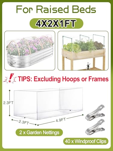 2 pcs Windproof Garden Netting for Raised Beds (4ft L x 2ft W x 1ft H) - 60 Mesh Bird Netting Garden Bed Cover with Drawstring & 40 Clips for Vegetables Flowers, Excluding Hoops or Frames