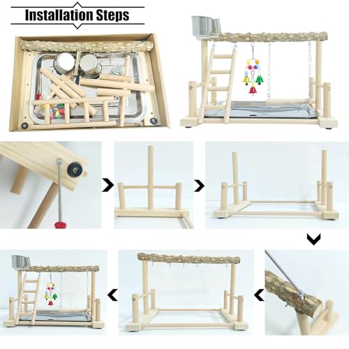 PINVNBY Bird Playground Parrot Playstand Birds Play Stand Wood Exercise Perch Gym Stand Playpen Ladder with Feeder Cups Hanging Swing Toys for Parakeet Conure Cockatiel Budgie Cage Accessories - size: One Floor With Ladder