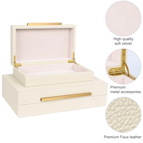 Beige Shagreen Decorative Storage Boxes – Set of 2 Faux Leather Jewelry & Memory Boxes with Gold Metal Handles, Nesting Photo Organizers for Home Decor, Gift, and Office Organization - color: Beige+Gold Handles, size: 2 pack