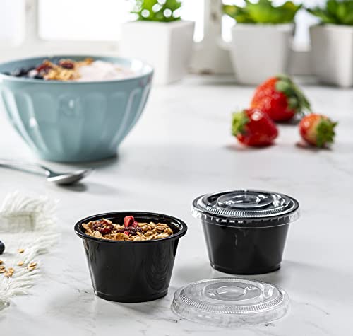 (4 oz - 100 Sets) Black Diposable Plastic Portion Cups With Lids, Small Mini Containers For Portion Controll, Jello Shots, Meal Prep, Sauce Cups, Condiments, Medicine, Dressings, - color: Black, size: 4 Ounce