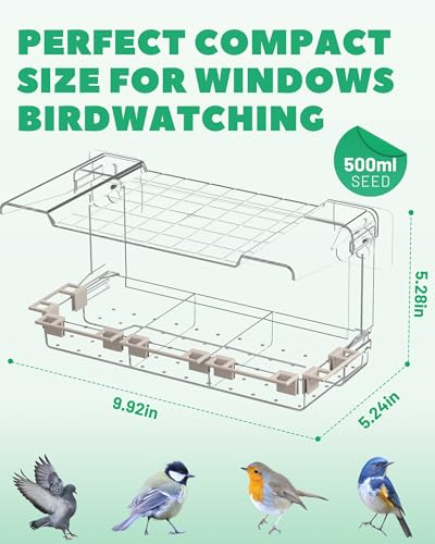 Clear Window Bird Feeder Outdoors - Bird Feeder for Viewing with 5 Perching Stands, Self-Adhesive Hooks, Drain Holes and Removable Tray, as a Birdhouse, Garden Decor - color: Clear
