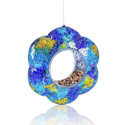 VOREEN Mosaic Glass Bird Feeder, Handcrafted Hanging Fly-Through Feeder for Outdoor Garden & Backyard, Blue Flower Mosaic Style - color: Blue Flower