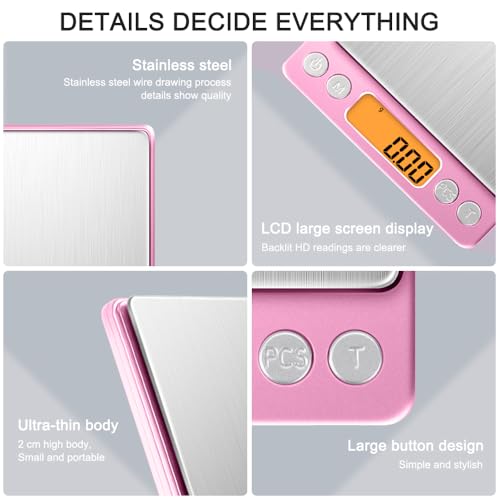 0.01g High Precision Kitchen Food Scale, Diyife 500g Portable Digital Scale | with LCD Display, Tare, Multifunctional Gram Scale Weight for Cooking, Baking, Jewelry, 2 Tray, Batteries Included, Pink - color: Pink
