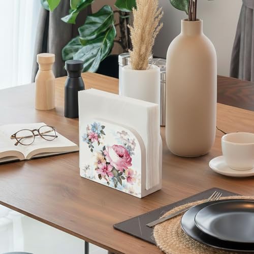 Pastel Elegant Flower Wood Napkin Holder, Spring Floral Botanical Wooden Standing Napkin Dispenser for Table Home Kitchen Dining Room Party Cafe Bar Decorations - color: Pastel Flower