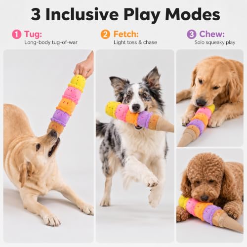 Squeaky Dog Plush Chew Toy, Interactive Tug Squeaky Toy for Chewers, Medium & Large Dogs & Fetch Play, 17.7 in Stuffed Rainbow Ice Cream Toy with Soft Short Plush for Gentle Gum Care & Boredom Relief - color: Colorful (Ice Cream)