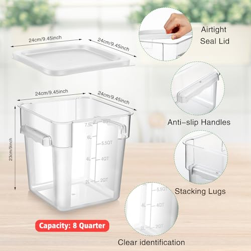 FoldTier 2 Pieces Square Food Storage Containers Polycarbonate Clear food Container with Lid Commercial Storage with Graduations for Commercial Kitchen Dough Marinating Meat(White,8 Qt) - color: White, size: 8 Qt