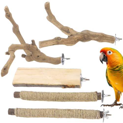 5 Pcs Natural Wood Bird Perch Set, Paw Grinding Standing Branches Hemp Rope Platform Comfort Cage Accessories for Small Parrots Budgies Cockatiels