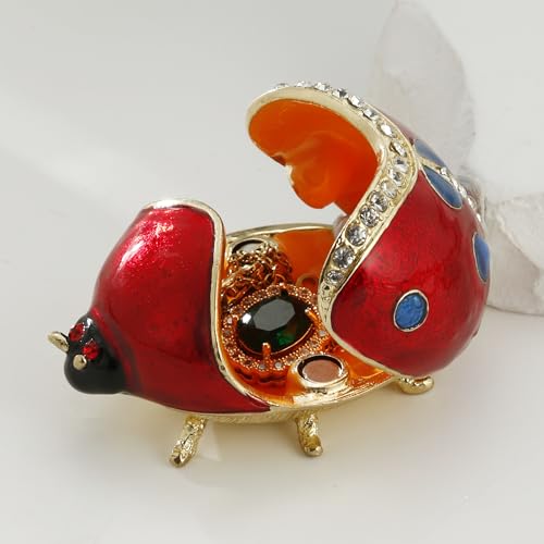 Hand Painted Enameled Ladybug Trinket Box, Hinged Unique Mini Ring Necklace Jewelry Organizer, Classical Bejeweled Storage, Figurine Collectible Keepsake Home Decor (Ladybug-2) - color: LadyBug-2