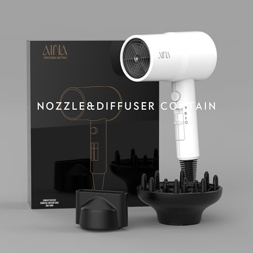 AINA Diffuser Hair Dryer Full-Featured Blow Dryer 110V/1600W(White) | 3 Heat/2 Speed;Cold shut button;Lightweight;Compact Size;High Temp;Low Airflow;Same Results;Less Expense - color: White, size: 3 Piece