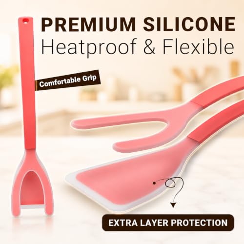 Silicone Egg Flipper Spatula Tongs (Set of 1) – Non-Stick 2-in-1 Grip & Flip Kitchen Tongs for Pancakes, Fish, Eggs, and More – Heat Resistant Cooking Tool (Red) - color: Red