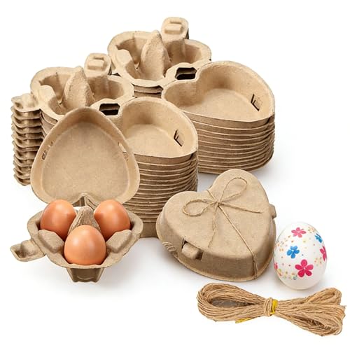 20Pcs Heart Shaped Eggs Cartons for Easter，3 Count Natural Paper Pulp Egg Tray with Jute Rope,Reusable Cardboard Holds 3 Eggs for Kitchen Holiday Gifts Market Farm
