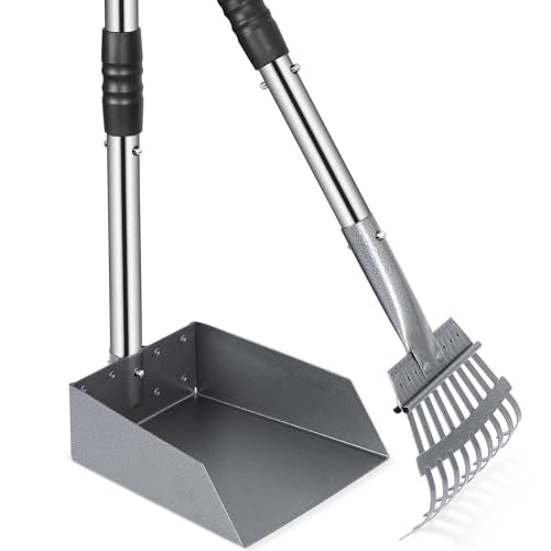 Dog Pooper Scooper, Dog Poop Tray and Rake Set with Long Stainless Handles | Pet Waste Removal Scoop with Adjustable Sectional Handles - color: Silver/Black