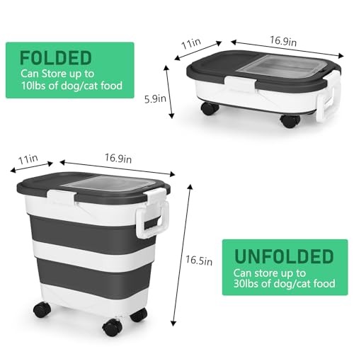 Dog Food Storage Container with Rolling Wheel and Airtight Lid, Black, 30LB | Foldable Food Storage Bins with Snap-Lid Seal to Keep Kibble, Pellets or Seeds Fresh for Dogs, Cats and Birds - color: 30 Lbs Black