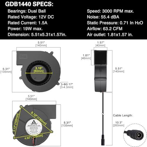 GDSTIME 140mm x 40mm Variable Speed Blower Fan, 110V 120V AC Powered 1440 | 12VDC Brushless Motor, Squirrel Cage Blowers, Small Powerful Centrifugal Fans, for DIY Projects Cooling Exhaust Ventilation - size: 140x40mm