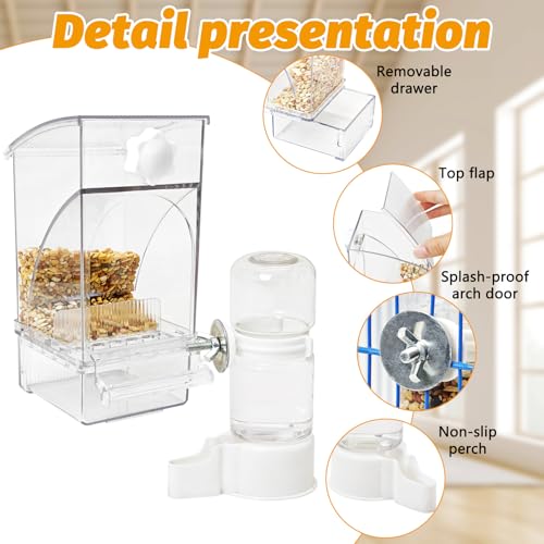 BNOSDM No Mess Bird Feeder Water Dispenser Set Automatic Parrot Feeder Drinker Transparent Food Container 3 Pcs Parakeet Cage Accessories for Cockatiel, Budgies, Conure, Lovebird, Finch (Transparent) - color: Transparent + 2 Pcs Bird Water Dispenser Set
