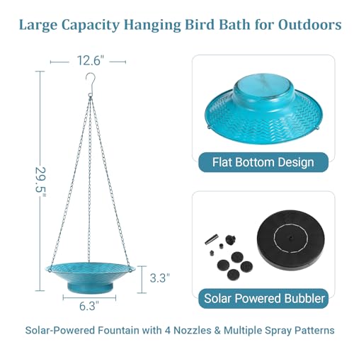 Metal 12.6" Hanging Bird Bath with Solar Fountain for Outside | Hanging Solar Bird Bath Hanging Birdbath Bubbler for Outdoors Backyard Patio Garden Decor, Blue - color: Blue