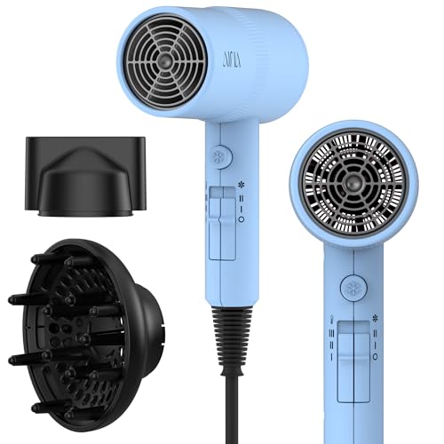 AINA Diffuser Hair Dryer Full-Featured Blow Dryer 110V/1600W(Baby Blue) | 3 Heat/2 Speed;Cold shut button;Lightweight;Compact Size;High Temp;Low Airflow;Same Results;Less Expense - color: Baby Blue, size: 3 Piece