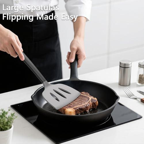 Coukre 3 Pack Silicone Spatula Set, Heat Resistant to 500°F, BPA-Free | Fish Spatula, Solid & Slotted Turners, Dishwasher Safe, Spatula Set for Eggs, Pancakes, Fish & Burgers, GrayBlack - color: GrayBlack