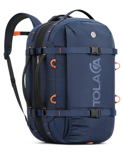 Tolaccea Travel Backpack 40-50L, 16" Laptop Carry On Duffle for Travel Work | 40-50L Expandable, TSA Approved 180° Open, 3L Wet-Dry Pocket, RPET Fabric, 3-in-1 Convertible Carrying, Detachable Waist Belt - color: Blue