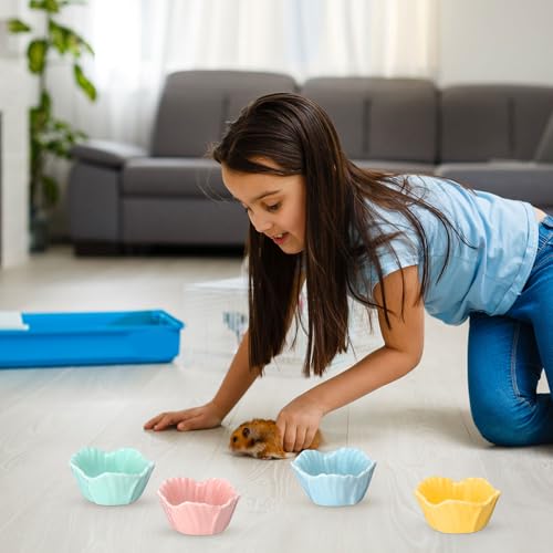 4 Pack Small Ceramic Pet Hamster Bowl, 2.68 x 2.68 x 1.38 Inch Flower Shaped Small Water and Food Bowl Feeder Dish for Guinea Pig Parrots Gerbil Rat Mice Rabbit Chinchilla, Easy to Clean Anti Flipping