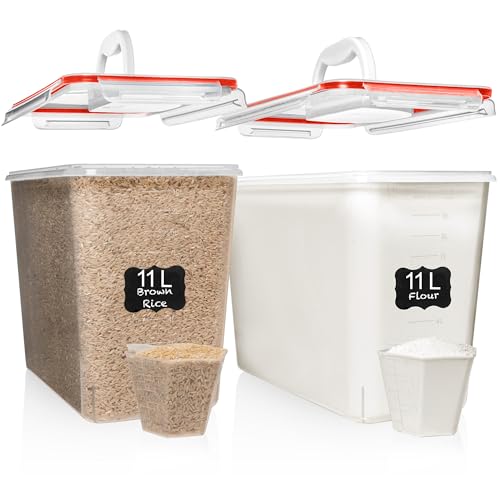 Shazo 2 PC (11L | 372 oz) Flour Sugar Storage Containers with Easy Carry Handle - Plastic Extra Large Food Storage Containers with Lids for Rice Cereal, BPA Free & Airtight Kitchen Pantry Organization - color: Red