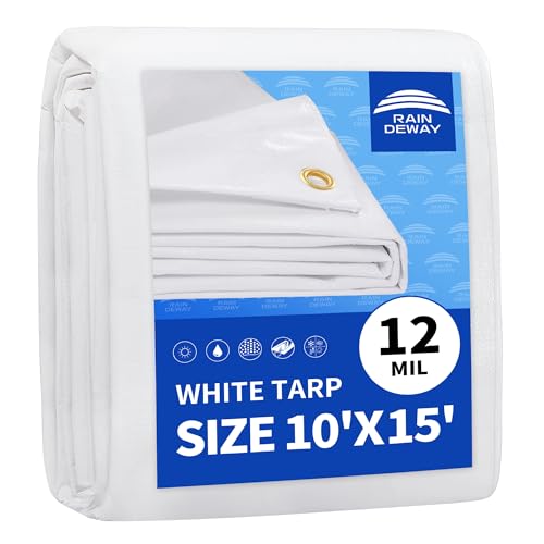 RAINDEWAY 10' X 15' White Heavy Duty Waterproof Poly Tarp Protective Cover | 12 Mil Extra Thick,Finished Size,UV Resistant,Weatherproof,with Metal Grommets and Reinforced Edge - color: White, size: 10x15 Feet-Finished size
