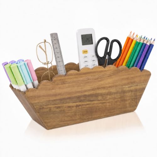Jetec Scalloped Acacia Wooden Pencil Holder, Wooden Desk Organizer with 4 Compartment for Pens, Markers, Makeup Brushes, Remote Controls, Silverware, Decorative Cute Desktop Organizer for Office Home - color: Acacia