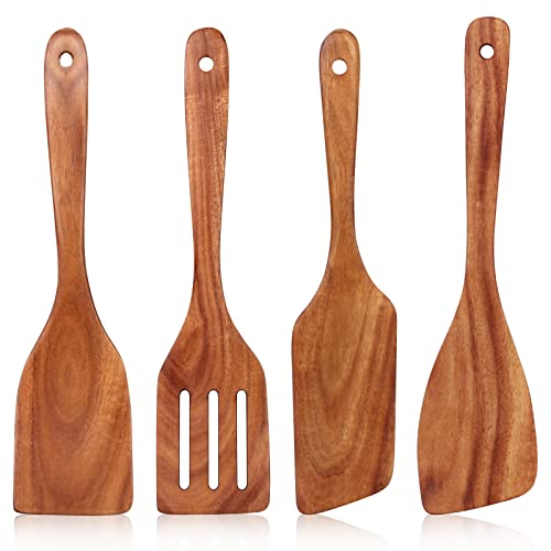 Non Toxic Wooden Spatula for Cooking Utensil Set Teak Kitchen Cooking Spoon | Flat Wood Spurtle Spatulas Set Bamboo Kitchen Utensils Slotted Turner Utensil Tool Cast Iron Scraper Thin Egg Spatula - color: 4 Pcs
