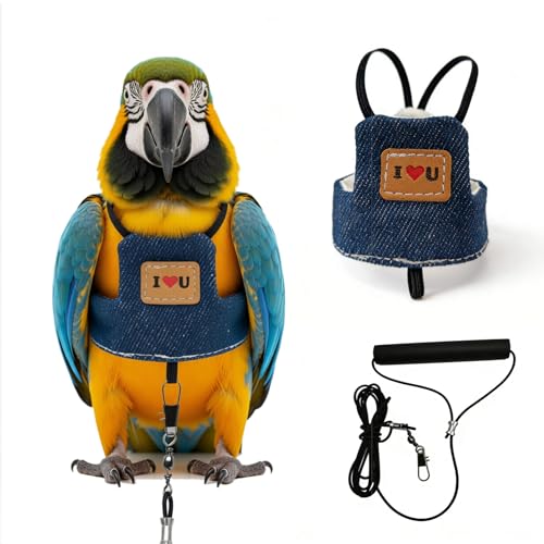Bird Flight Harness Vest, Adjustable Training Design Anti-Bite, Suit with Leash for Parakeets Cockatiels Conures Budgies, Bird Flying Clothes with Rope and Handle (Cowboy L) - color: cowboy, size: L
