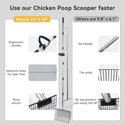 AiQInu 2-in-1 Chicken Poop Scooper & Rake for Chicken Coop, Goat Stall | Adjustable Stainless Steel Poop Scoop with 24"-90" Long Handle, Sifting Shovel for Stable Cleaning