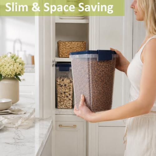 5-10 Lbs Airtight Cat Dog Food Storage Container, 8QT Compact Pet Food Bin | Plastic Food Container with Buckle-Lock Lid & Scoop for Dog, Cat, Bird Seed, Pet Food, Chicken, Dry Food, Rice, Cereal, Flour - color: Dark Blue