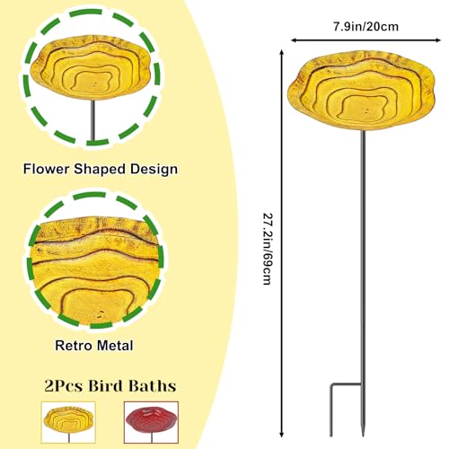2Pcs Metal Bird Baths for Outside, Hummingbird Small Birdbath Bowl for Outdoors with Metal Stake, Bird Feeder for Garden Yard Lawn Decor (2P-Red&Yellow) - color: 2P-Red&Yellow