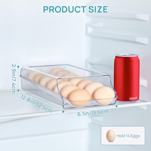 Vtopmart 1 Pack Egg Holder for Fridge, Automatic Rolling Egg Container | Stackable Clear 14-Count Eggs Organizer with Removable Inner Tray, Egg Storage for Refrigerator, Space Saving