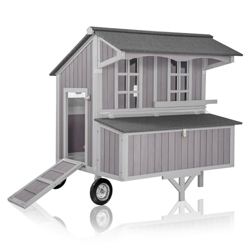 Extra Large Chicken Coop with Super Large Wheels, Mobile Hen House Poultry Cage with Strong Iron Frame, Outdoor Chicken House with 3 Nesting Boxes, 3 Perches for 4-6 Chickens