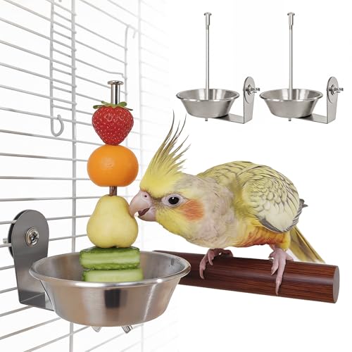 Stainless Steel Bird Cage Fruit Fork, Bird Water Feeder & Bird Bowl Set - Pet Parrot Vegetable Feeding Tool with Secure Cage Mount（2-Pack