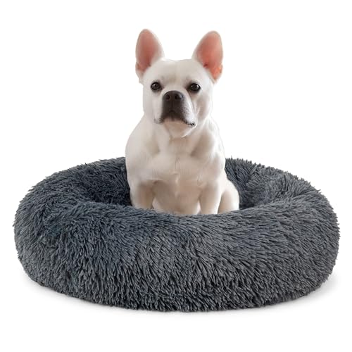 PetAmi Calming Donut Dog Bed, Washable Faux Fur, 23 Inch Small, Grey | Warm Shaggy Faux Fur and A Deep Nest Help Anxious Pets Curl Up and Sleep Soundly. Perfect for Puppies, Cats, and Rescues. - color: Gray, size: Small - 23"