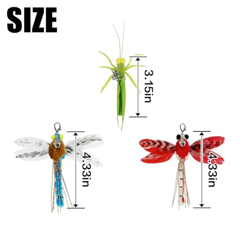 TTcat 3 Pack Dragonfly Grasshopper Cat Wand Refills, Realistic Natural Feather Insect Detachable Replacement Toy Heads with Bell, Universal Lobster Clip-on Cat Teaser Attachments. - color: 3Pcs (Dragonflys+Grasshopper)