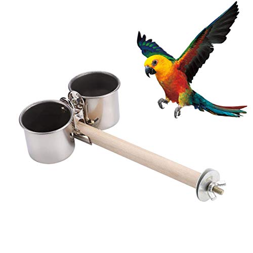 Litewoo Bird Perch with Feeder CupsBowls Stainless Steel for Parrot Cage, S | Odorless bird platform with holder hanger, outside durable water food dispenser, for parakeet/cockatiel/conure/macaw, 7.09" - size: 7.1 inch