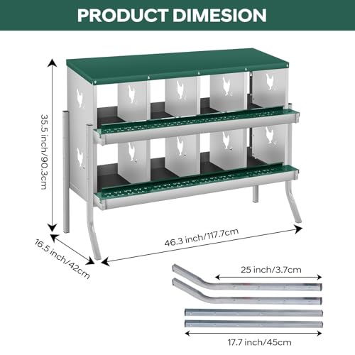Garvee Chicken Nesting Box, 8 Compartments Nesting Box for Chickens, Galvanized Steel Chicken Laying Box for Easy Egg Collection, Wall Mounting - color: Green | 8 Compartments+legs
