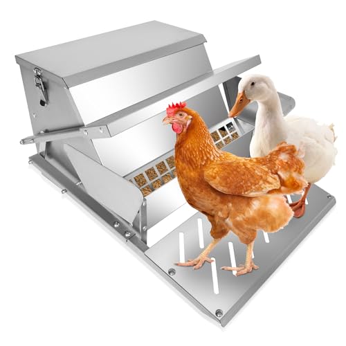 Automatic Metal Treadle Feeder 26lbs Capacity No Waste Automatic Chicken Feeder Galvanized Steel Large Metal Poultry Feeder Outdoor Coop Food Dispenser with Rain Cover