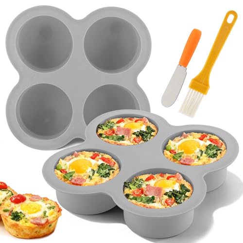 2 Pack Silicone Egg Bite Molds with 1 Spatula & 1 Brush, 4 Cups Silicone Air Fryer Baking Pan Non-Stick for Egg Bites, Cupcake, Tart, Frittata, Quiche, Muffins, Cornbread - color: Gray